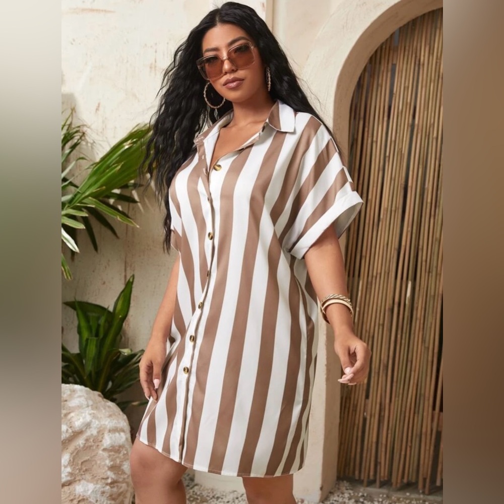 Brown & White Casual Button Down Dress